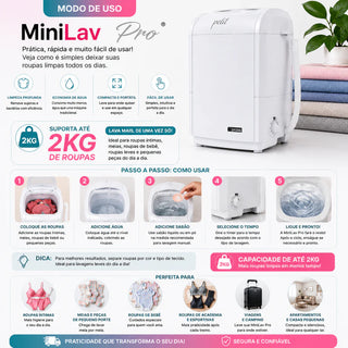 Mini Lavadora Semiautomática Petit MiniLav Pro 6kg — Lava e Centrifuga com 5 Programas