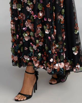 Vestido de Gala Ébano com Flores 3D