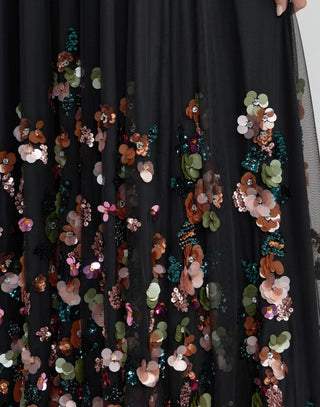 Vestido de Gala Ébano com Flores 3D