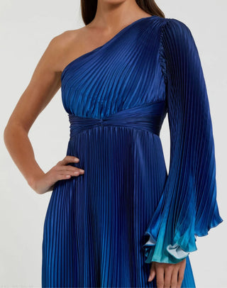 Vestido de Gala Azul Plissado em Charmeuse com Efeito Degradê