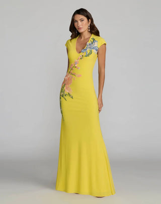 Vestido Longo Jersey com Apliques Florais Amarelos