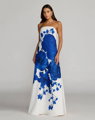 Vestido Longo Trapézio em Crepe com Estampa Floral Azul
