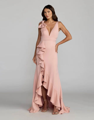 Vestido Longo Trompete Rosa Blush com Laço e Detalhes em Folhos