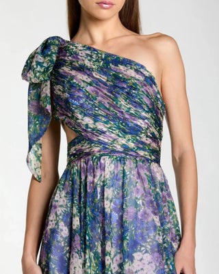 Vestido de Gala Lilás de Um Ombro com Estampa Floral em Chiffon e Recorte Lateral